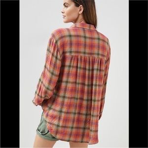 Anthropologie Pilcro Seamed Plaid Tunic Buttondown size S Orange Motif